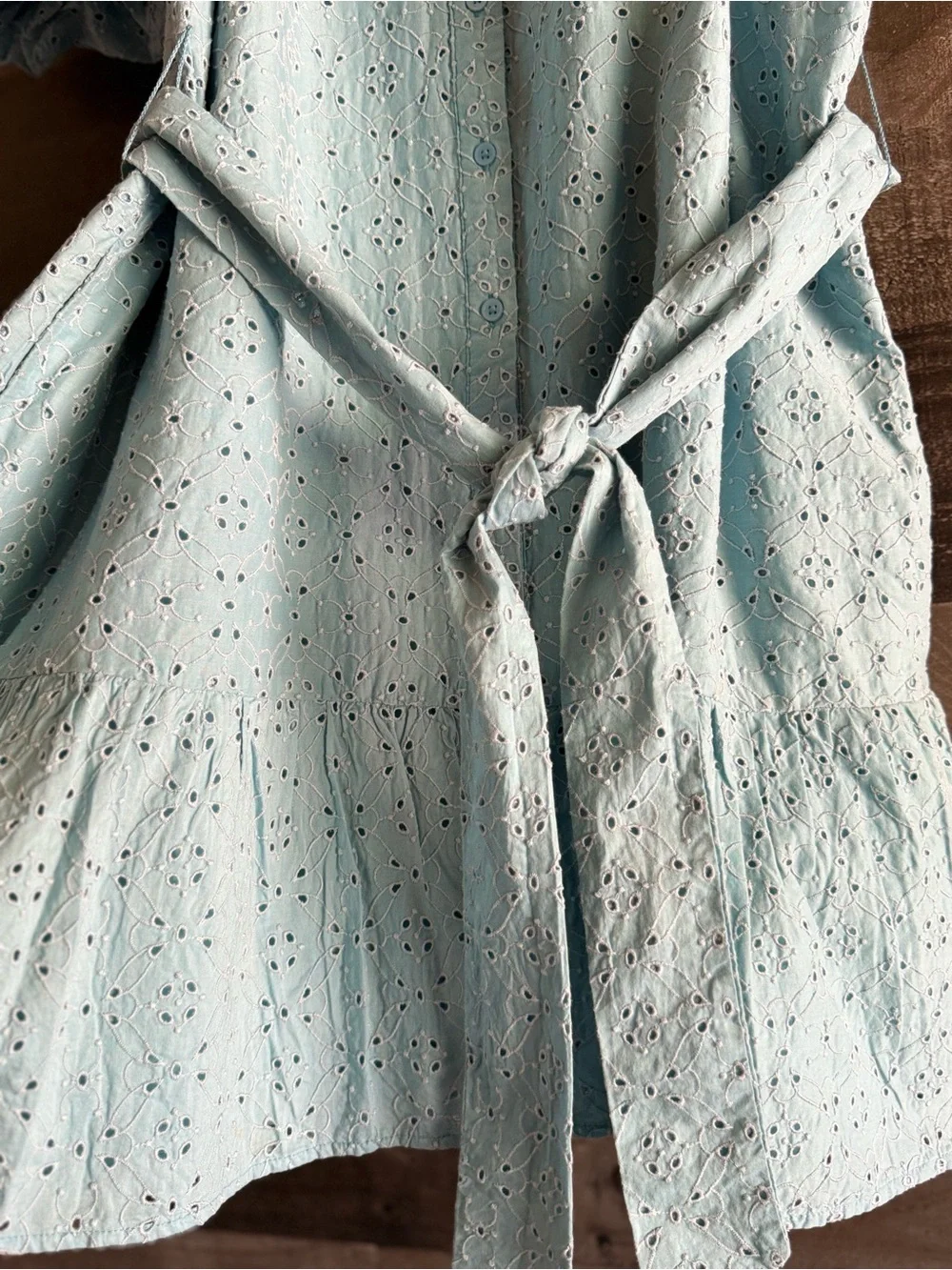 Light Blue Eyelet Shirt Mini Dress with Tie Waist - Picture 3 of 12